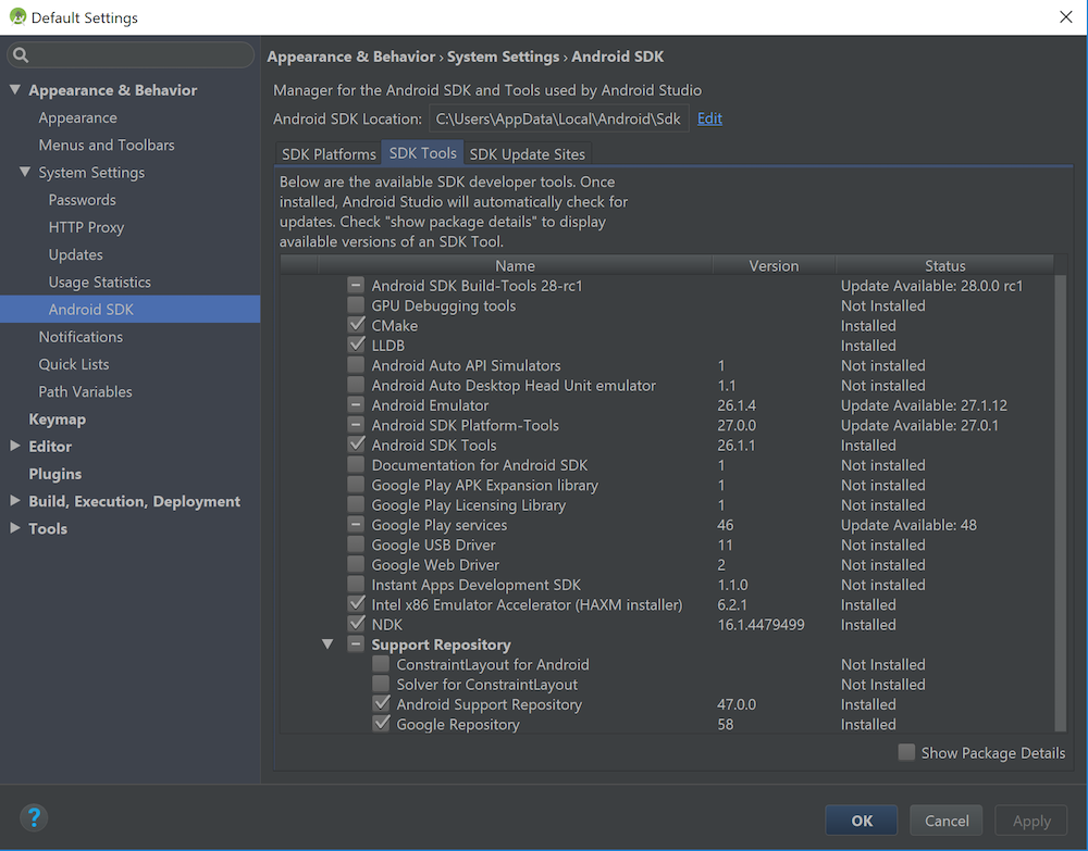 NDKとその他のツールのインストール