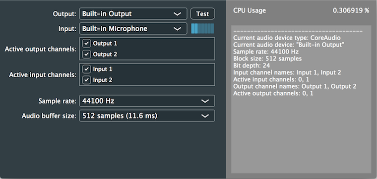 An AudioDeviceSelectorComponent object showing settings for an AudioDeviceManager object