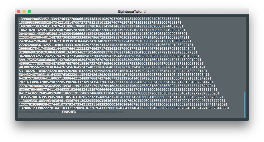 一連の大きな整数を表示するテストコンソール
