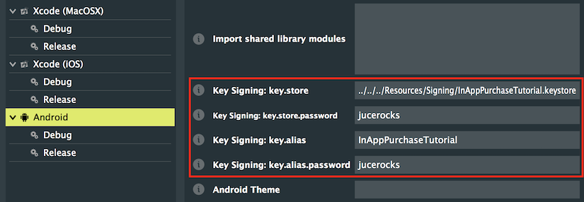 リリース設定でのキーストアファイルへのパス