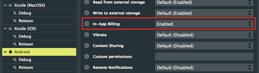 Androidでのプロジェクト設定ウィンドウ
