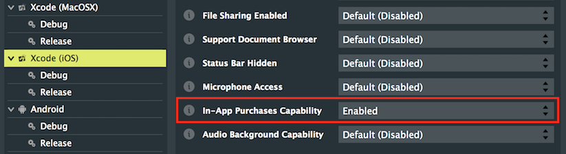 iOSでのプロジェクト設定ウィンドウ