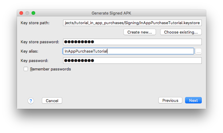 キーストアファイルのエイリアスとパスワードを入力