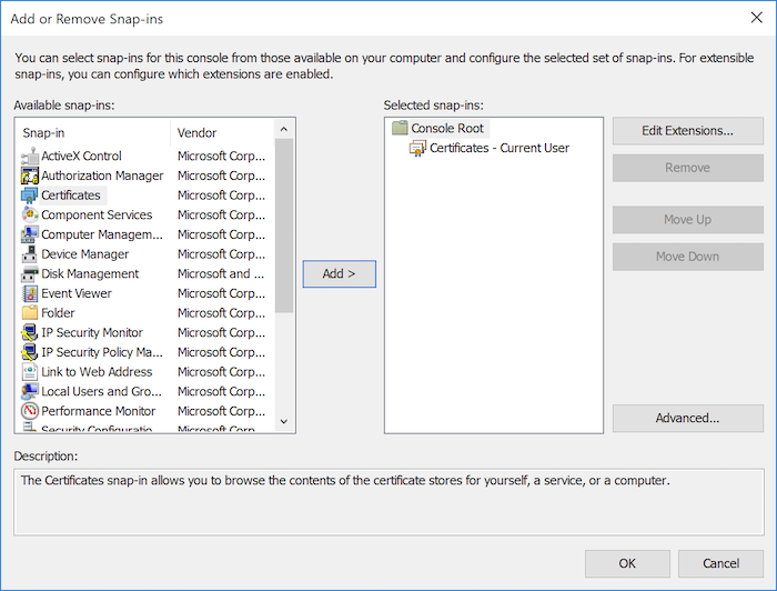 証明書スナップインの追加