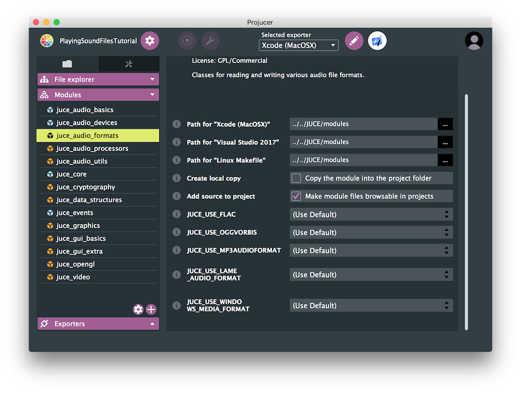 オーディオフォーマットオプションを示すjuce_audio_formatsモジュールオプション。