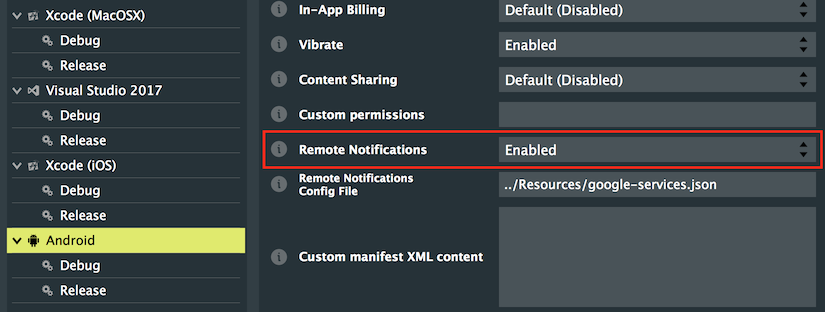 Androidでのプロジェクト設定ウィンドウ