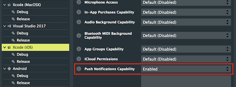 iOSでのプロジェクト設定ウィンドウ
