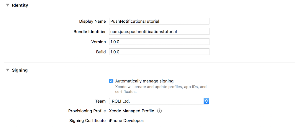 Xcodeの一般設定ウィンドウ