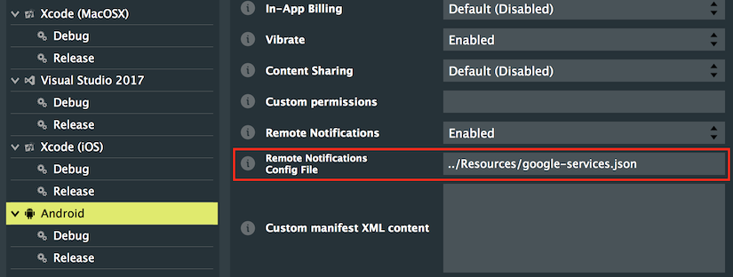エクスポーター設定でのgoogle-servicesファイルへのパス